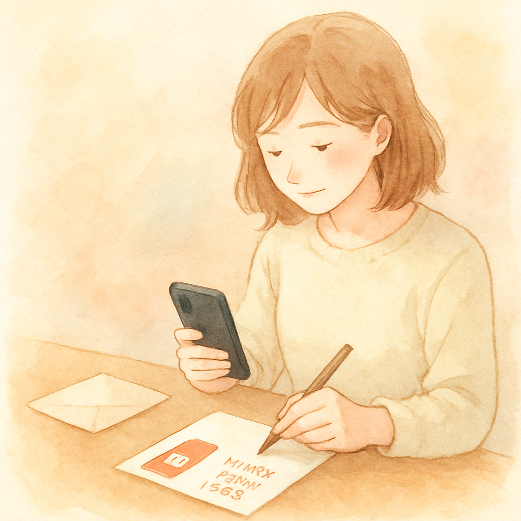 年賀状やスマートフォンでメッセージを書いているイメージイラスト
