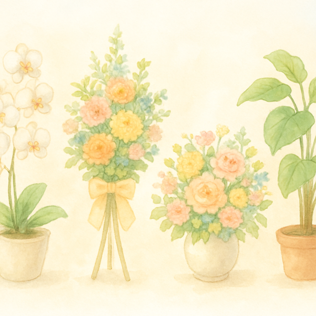 花の種類別の比較イメージ（胡蝶蘭・スタンド花・アレンジメント・観葉植物）