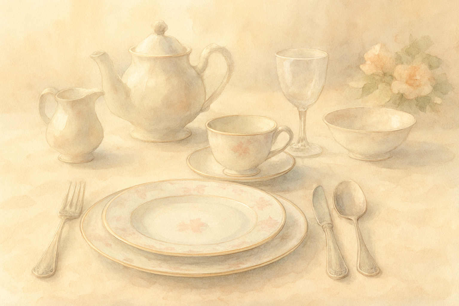 磁器の食器やティーカップが並ぶ上品なテーブルセッティングのイメージ