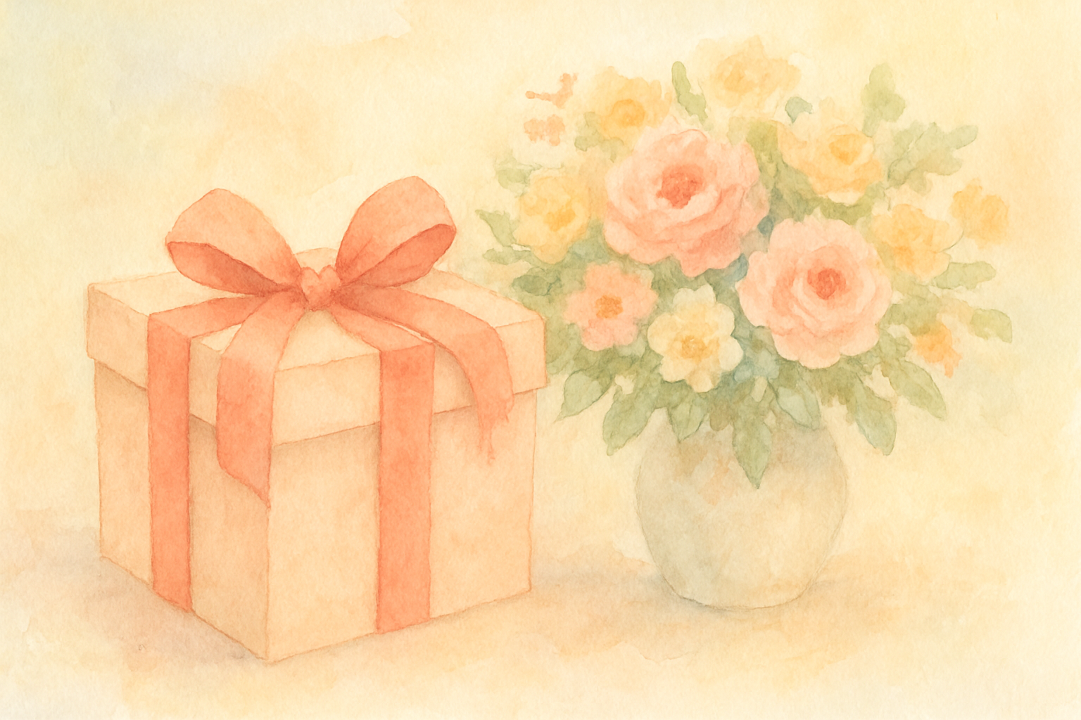 ギフトボックスとお花が並ぶお祝いのイメージ
