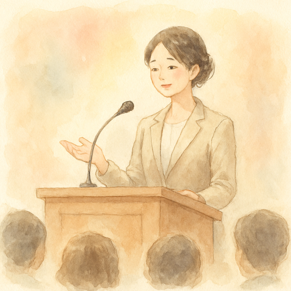 式典の壇上でスピーチをしているイメージイラスト