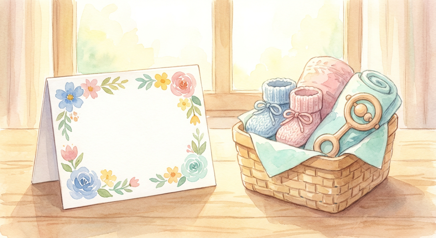 出産祝いのメッセージカードとギフトのイメージ