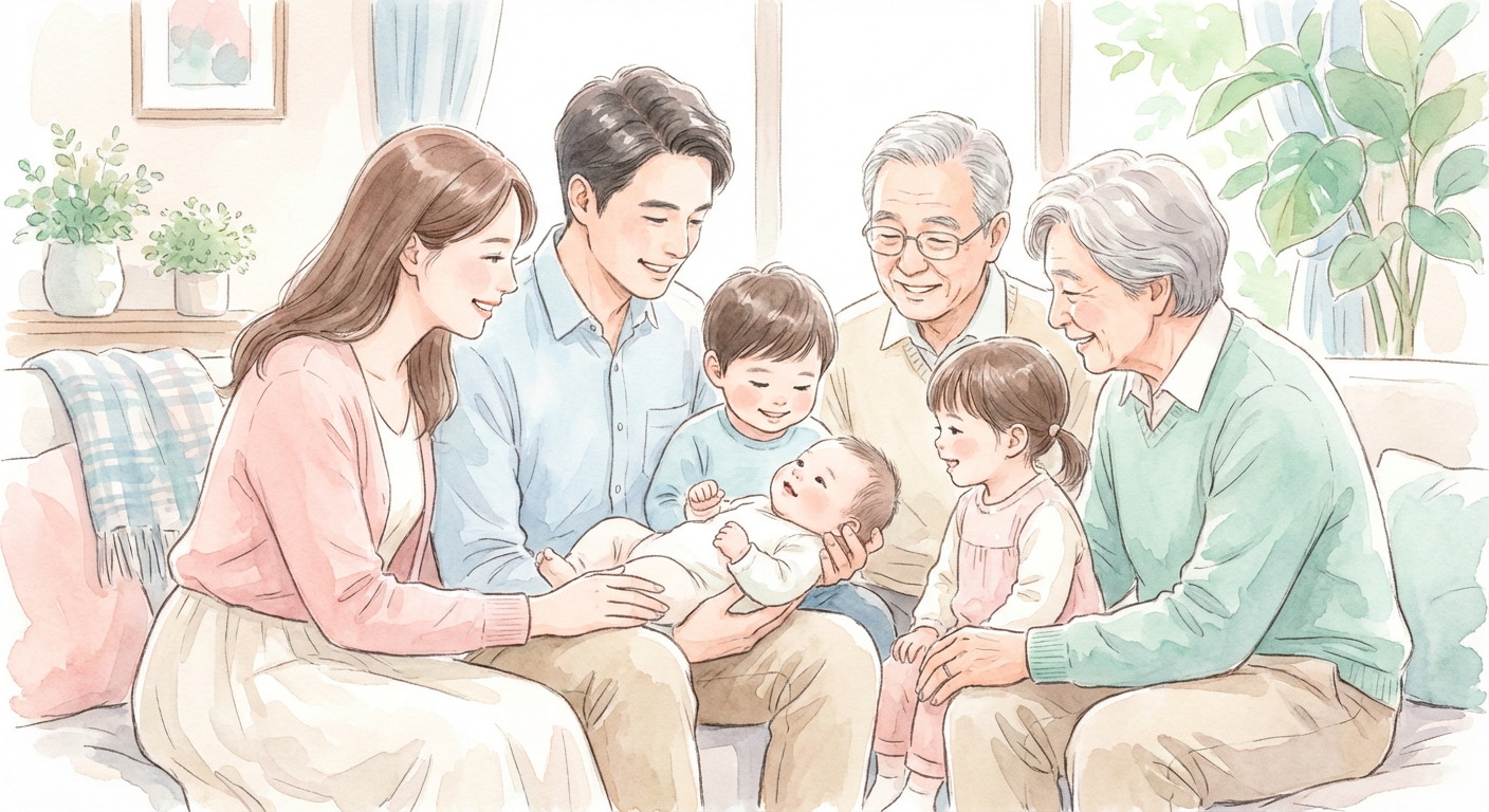 家族で赤ちゃんを囲むあたたかいイメージ