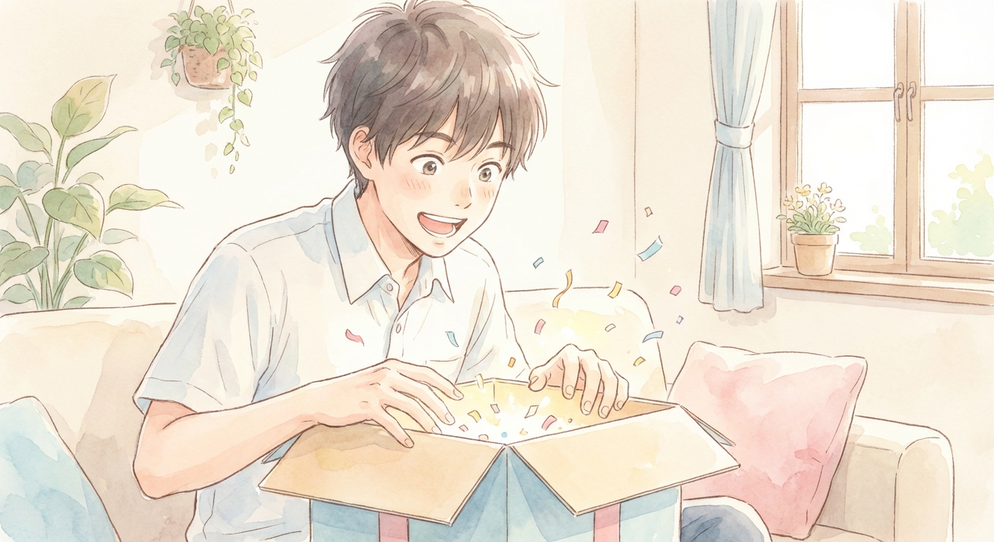 プレゼントボックスを開けて喜ぶ高校生男子のイメージイラスト