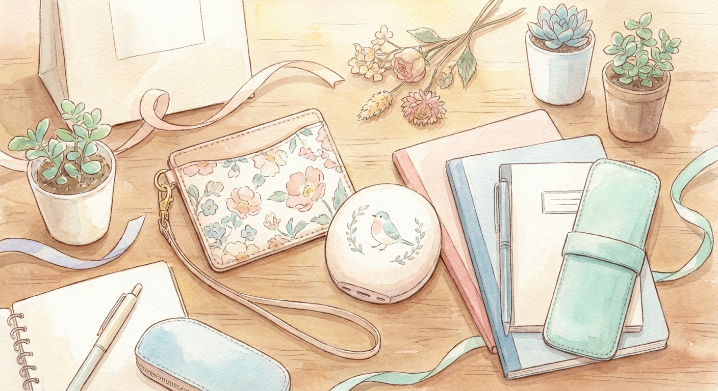 パスケースやモバイルバッテリーなどのプレゼントアイテムが並んだイメージイラスト