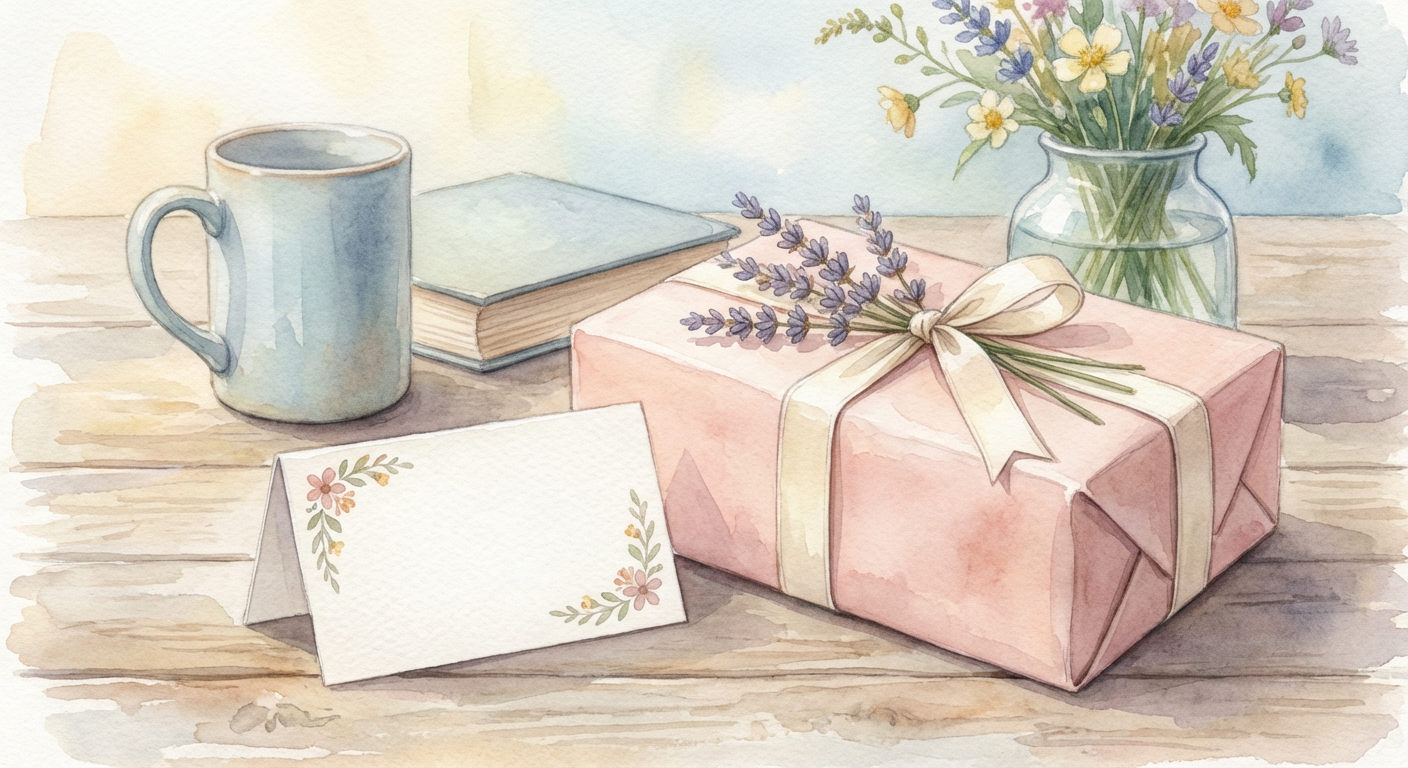 メッセージカードとラッピングされたプレゼントのイメージイラスト