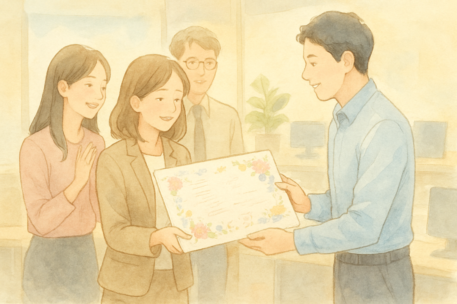 オフィスで寄せ書きを渡しているシーンのイラスト