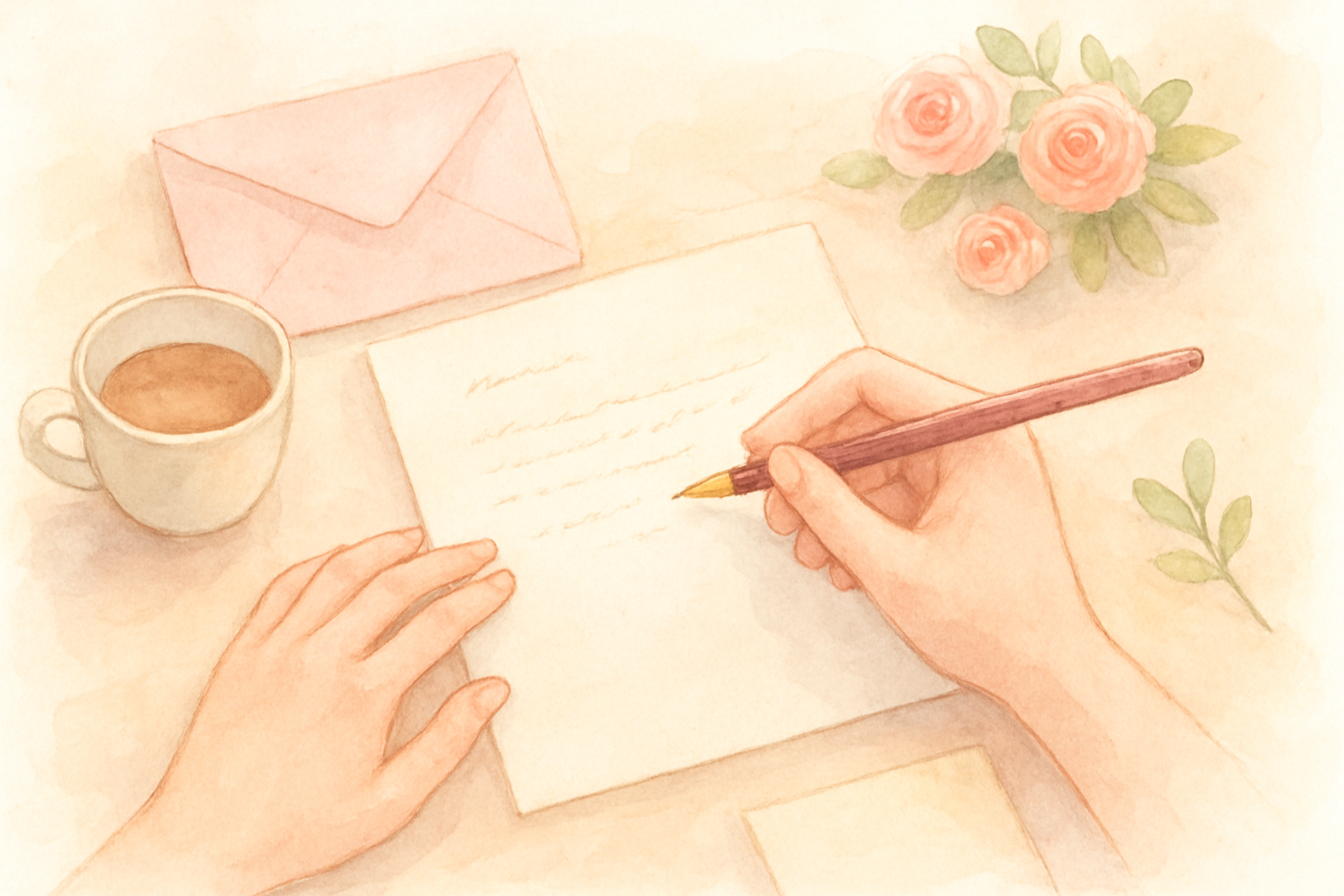 手紙やメッセージカードを書いているシーンのイラスト