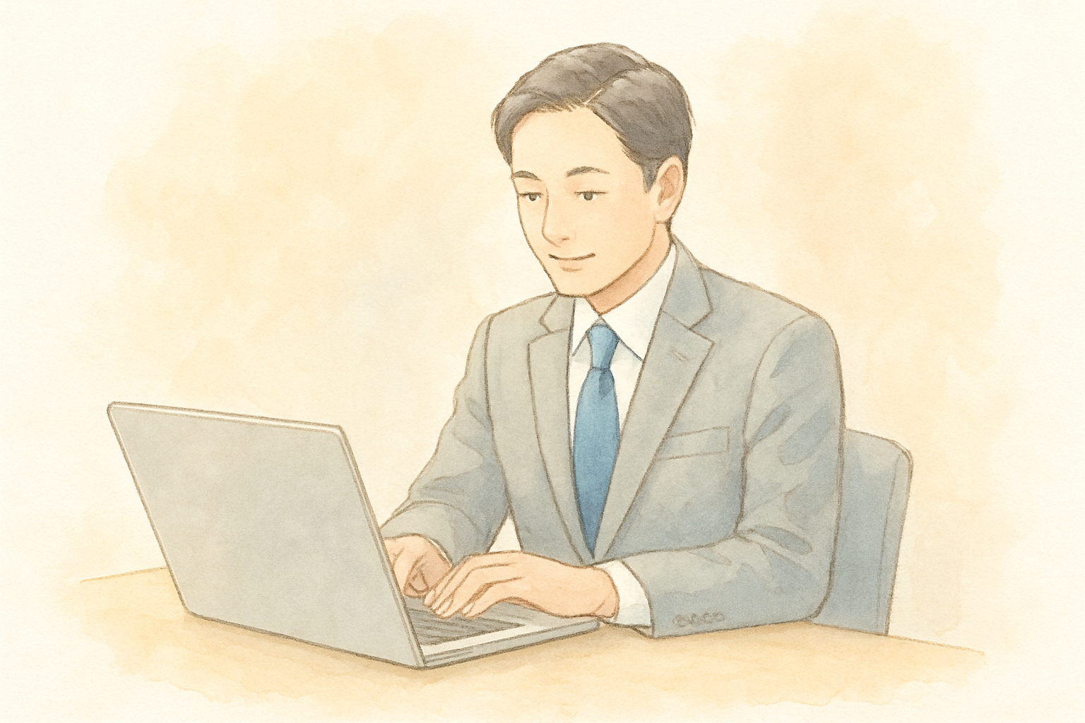 パソコンでメールを書いているビジネスパーソンのイラスト