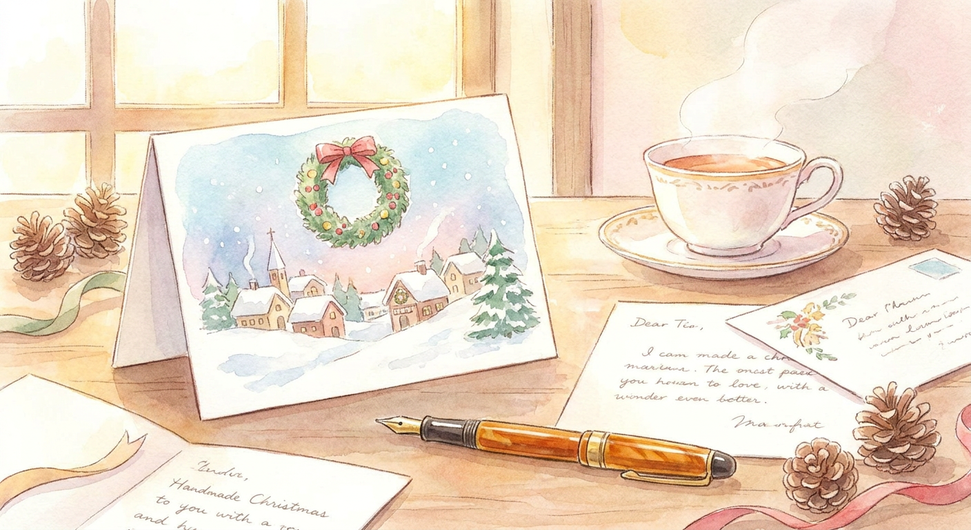 クリスマスカードと万年筆のあたたかい雰囲気の画像