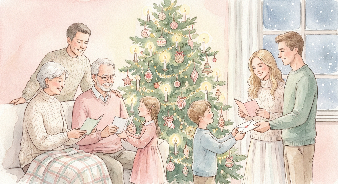 クリスマスツリーの前で家族や恋人がカードを渡しているシーン