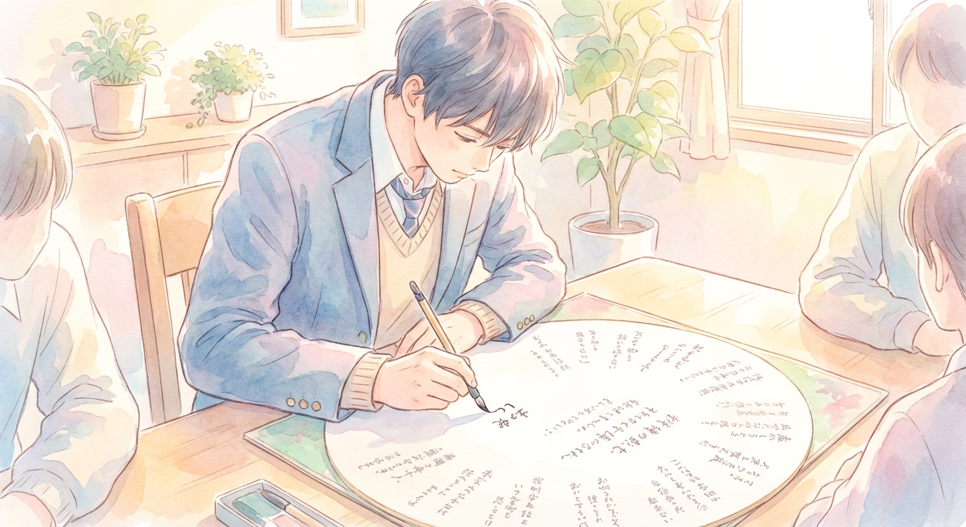 寄せ書き色紙にメッセージを書く後輩のイメージ