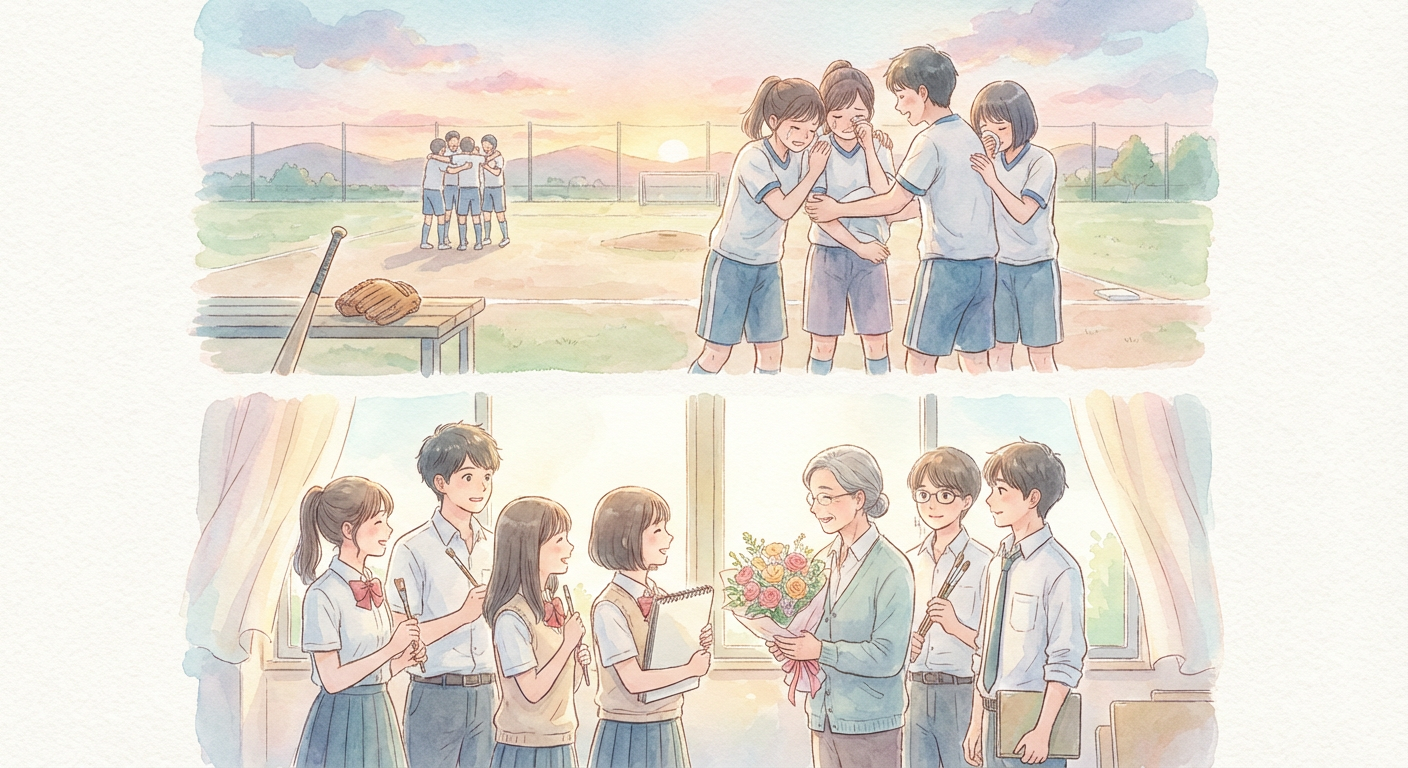 運動部と文化部それぞれの引退シーンのイメージ