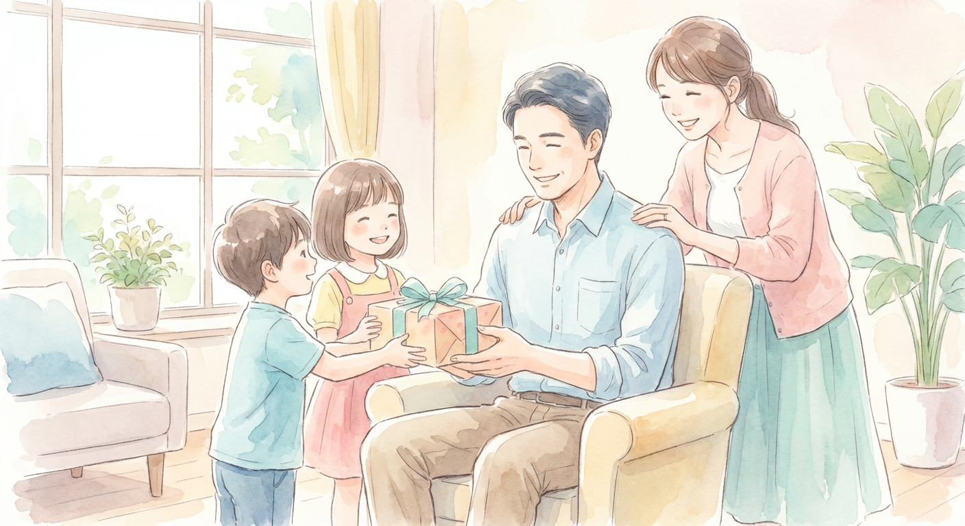 父の日にプレゼントを渡す家族のイメージ（パステル水彩風）