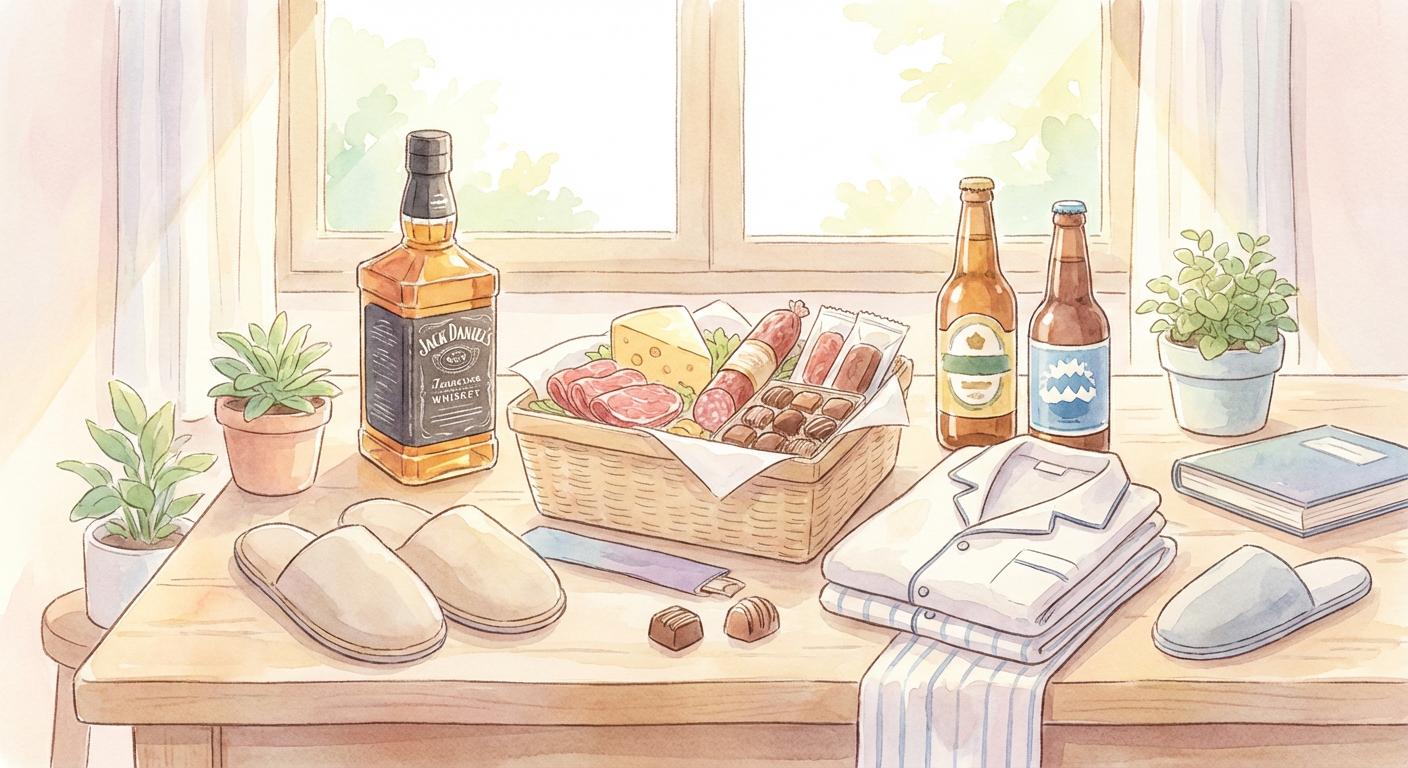 父の日ギフトを並べたイメージ（お酒・グルメ・パジャマなど・水彩風）