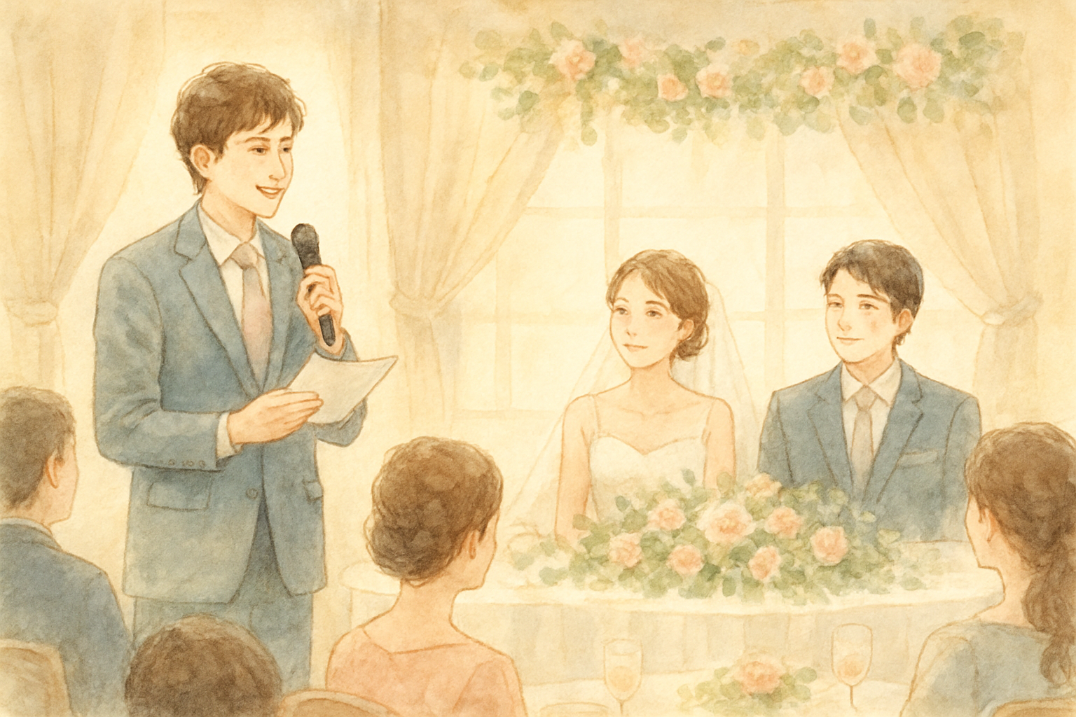 結婚式の披露宴会場でスピーチをしている友人のイメージ