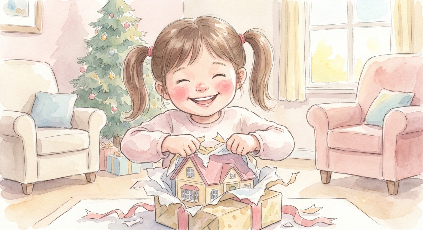 5歳の女の子がプレゼントを開けて笑顔になるイメージ