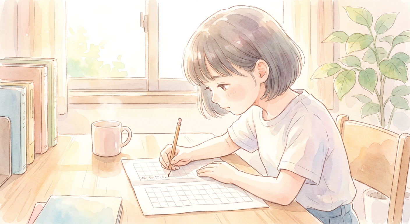 小学生が机に向かって原稿用紙に書いている水彩イラスト