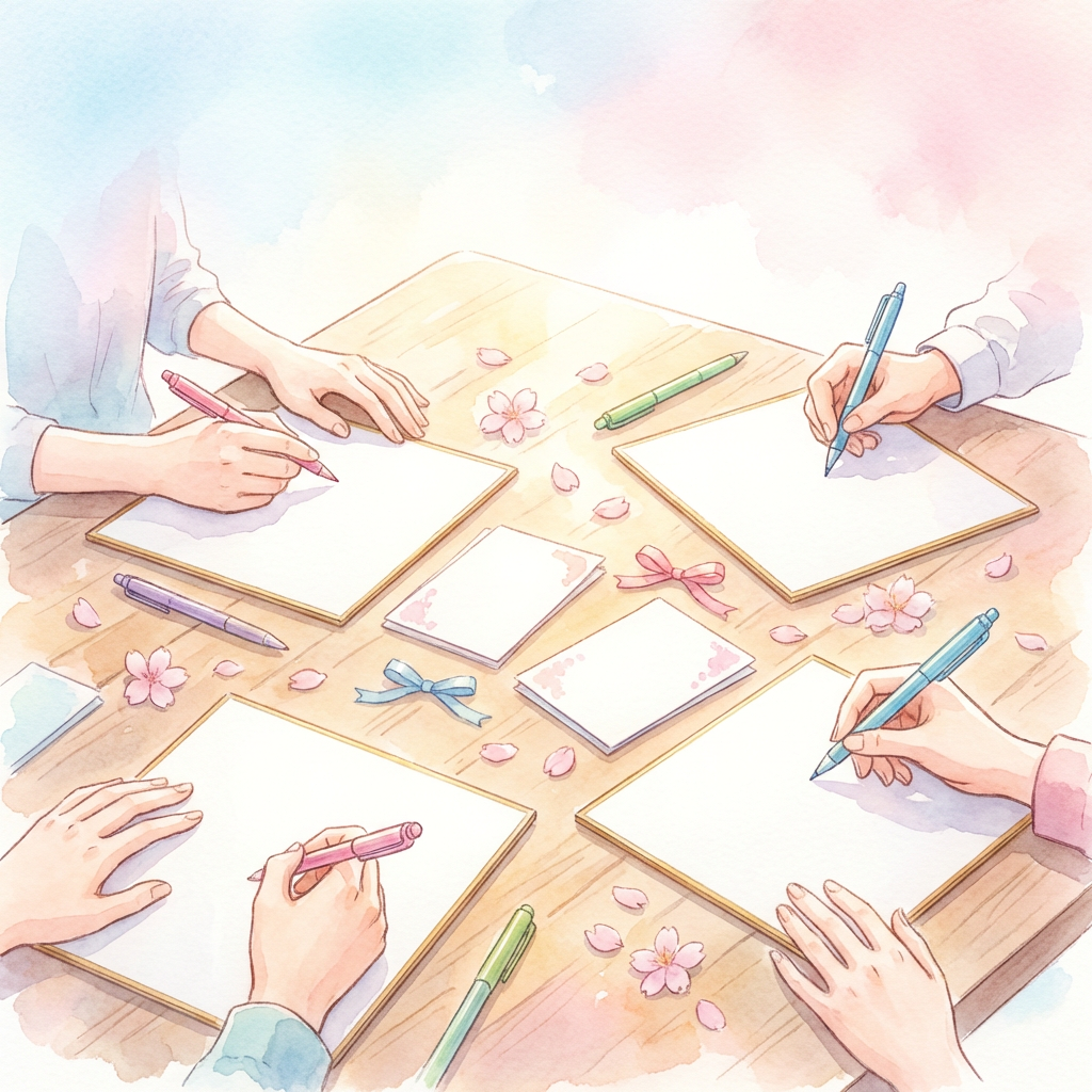 色紙に寄せ書きを書く学生のイメージ