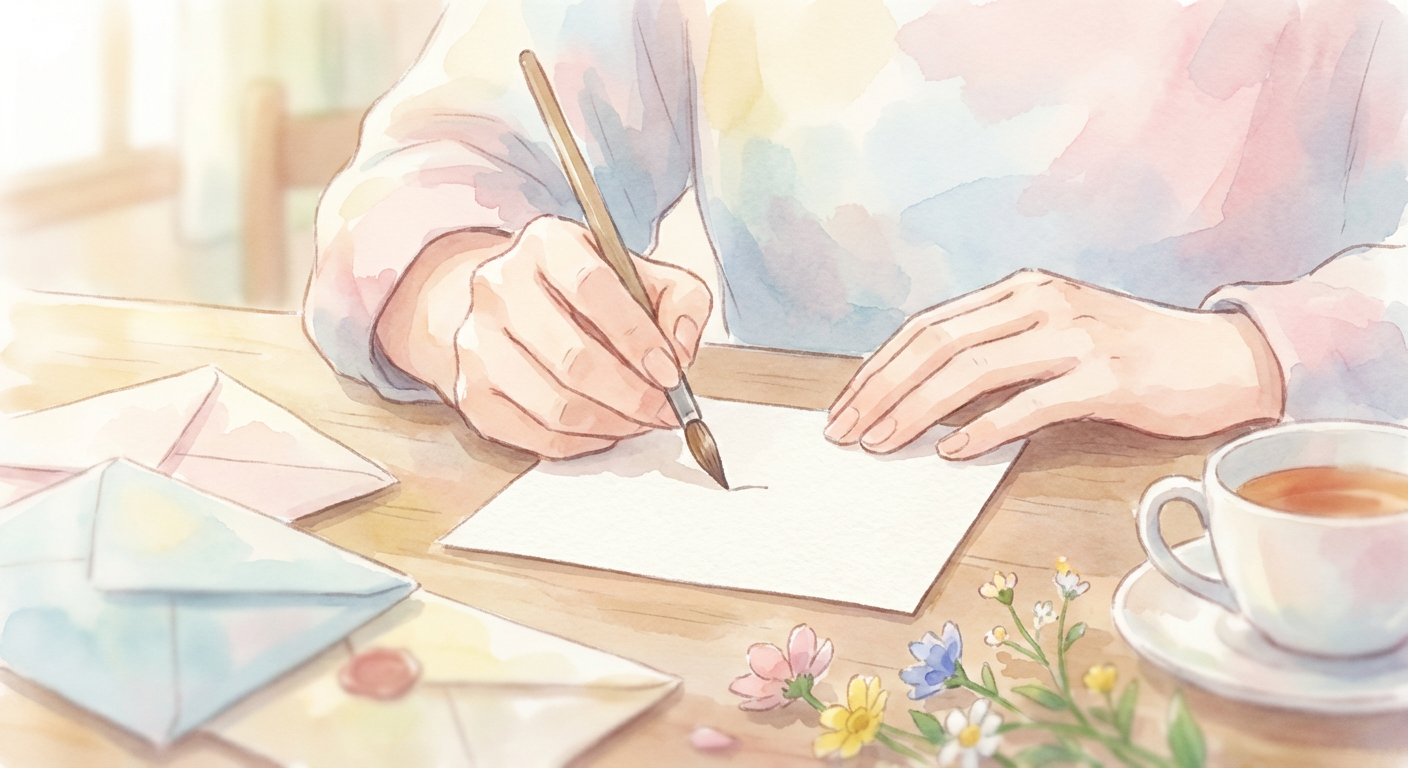 色紙やメッセージカードに書き込んでいる手元のやわらかな水彩イメージ