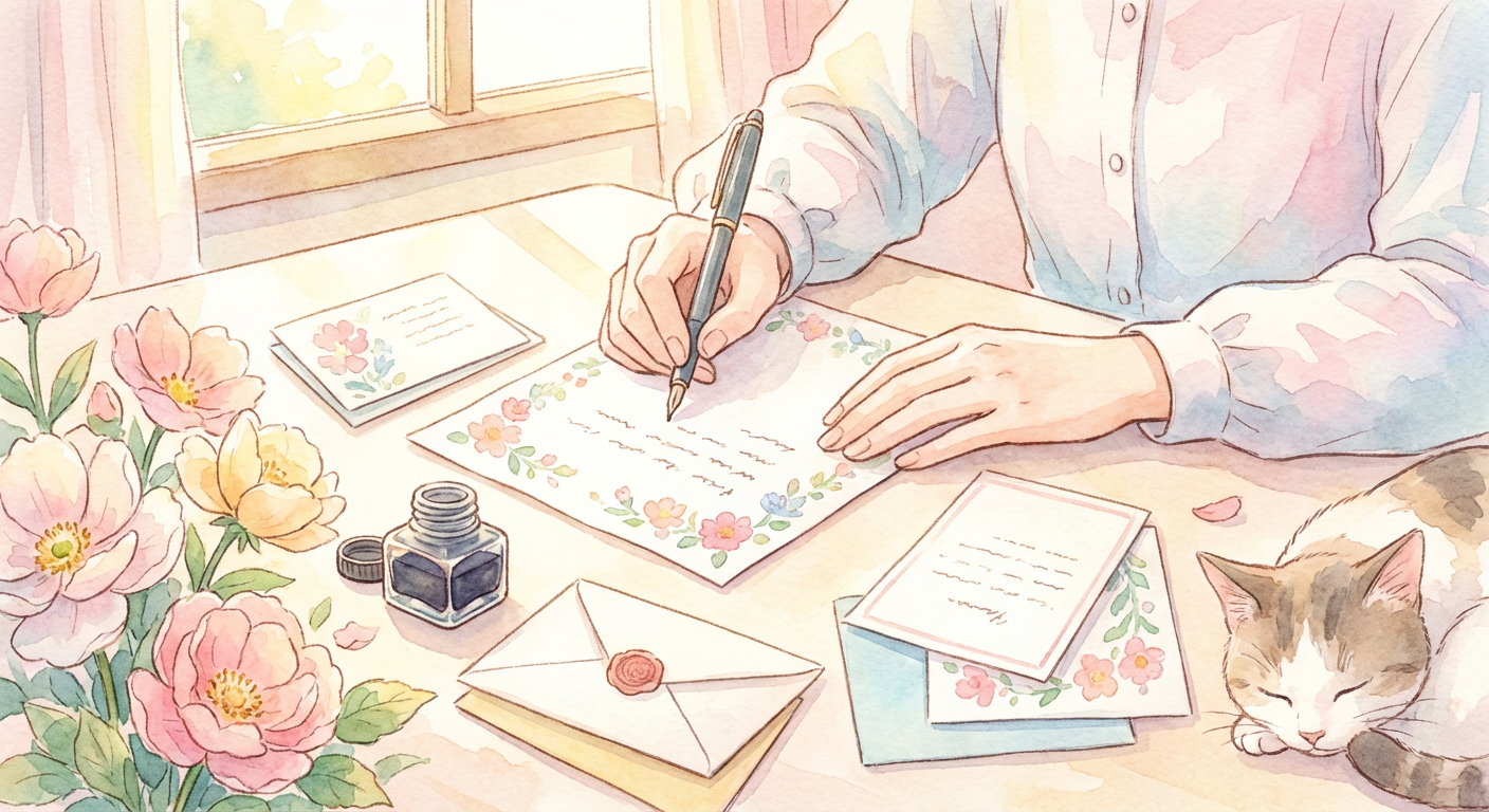 デスクで手紙やメッセージカードを書いている手元のイメージ写真