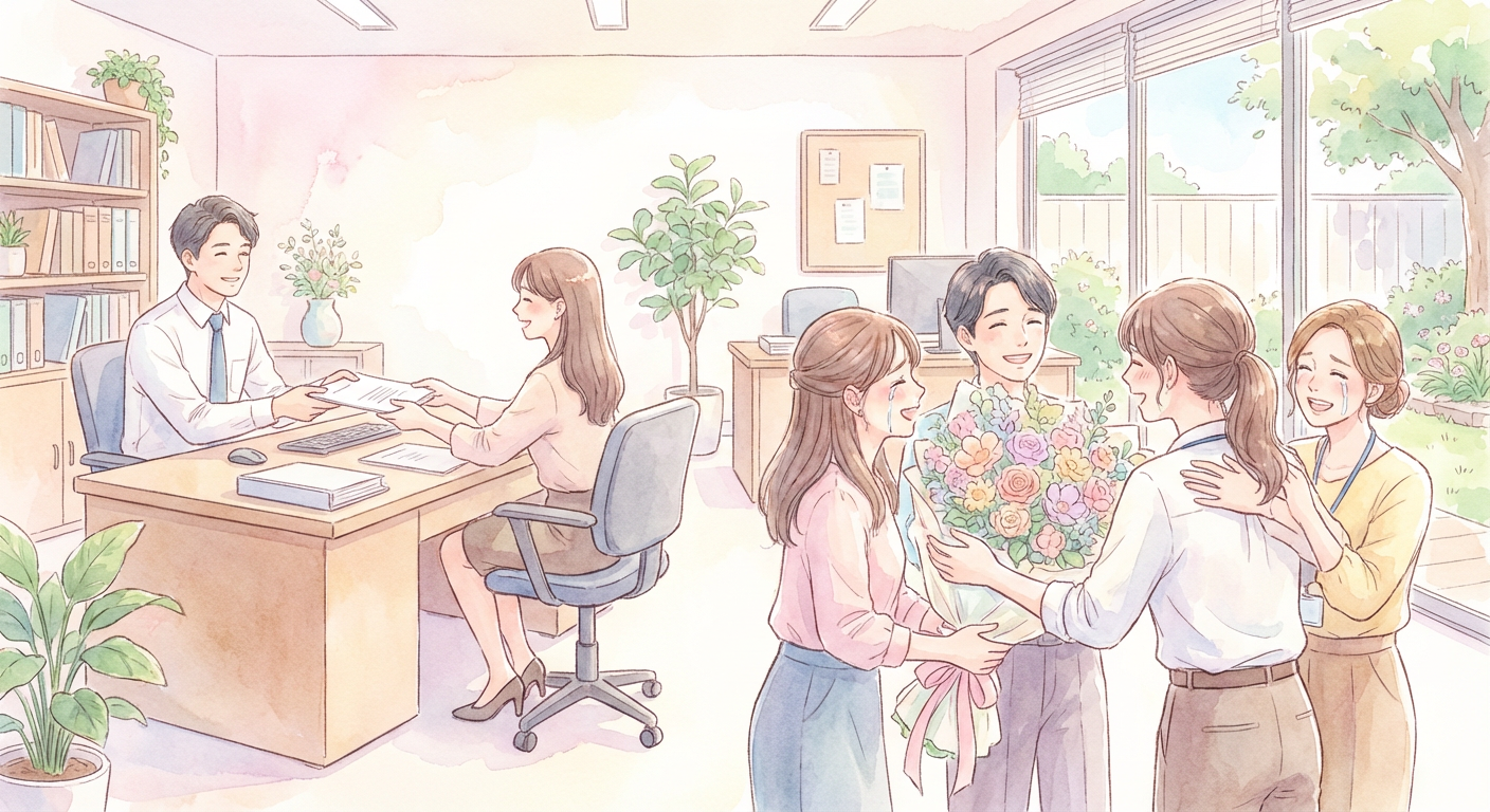 オフィスで書類を手渡す、または送別の花束を渡すイメージ写真