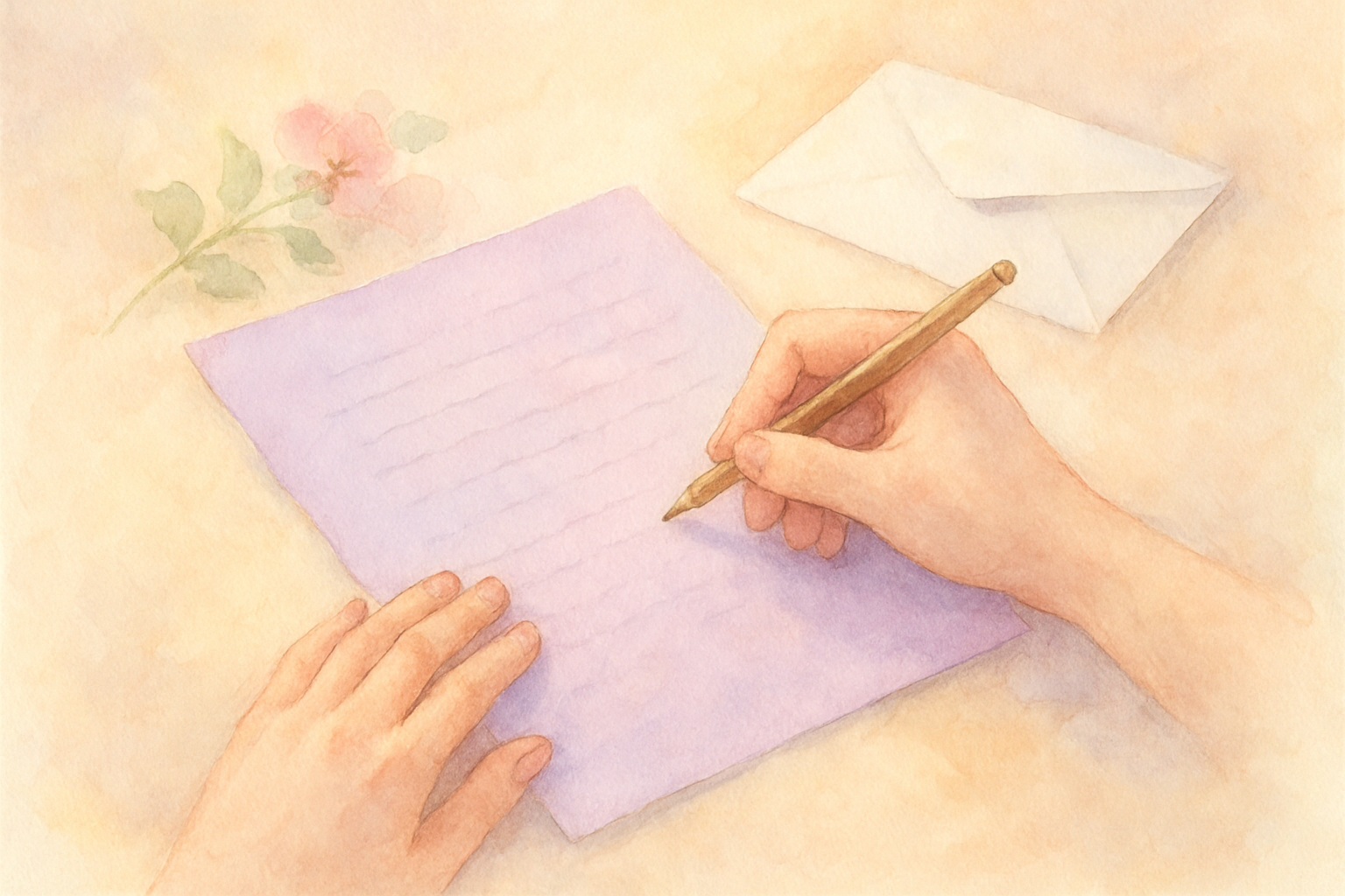 紫の便箋に手紙を書くイメージ