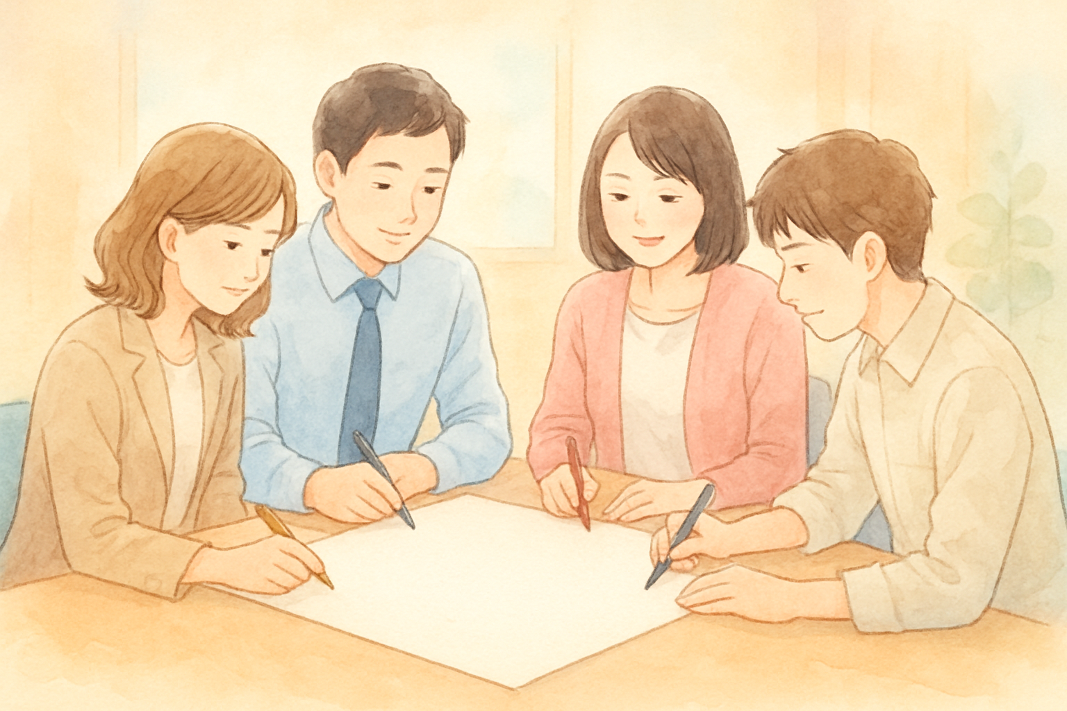 職場で色紙を囲んで書いているイメージ