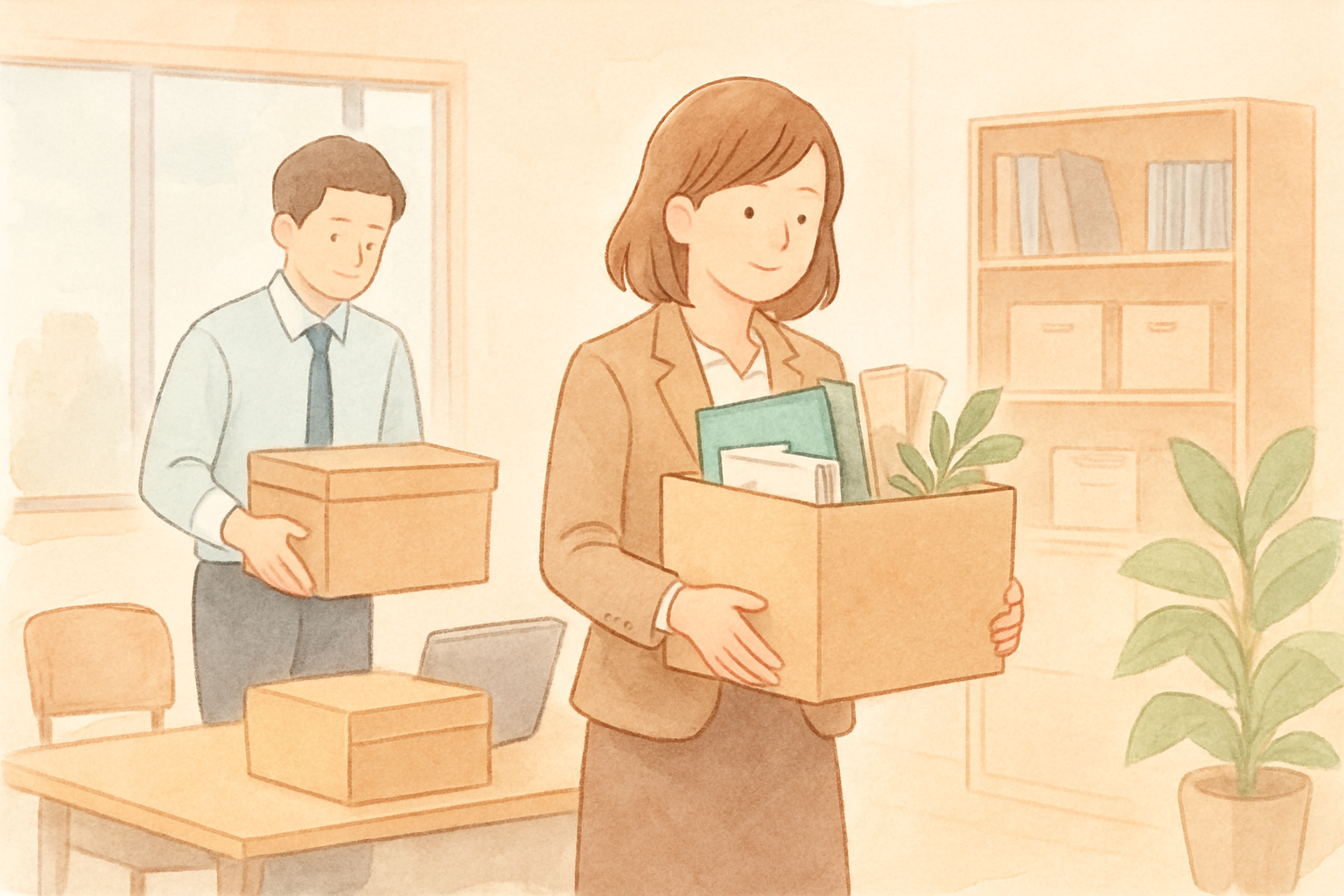 オフィス移転の準備をしているビジネスパーソンのイラスト