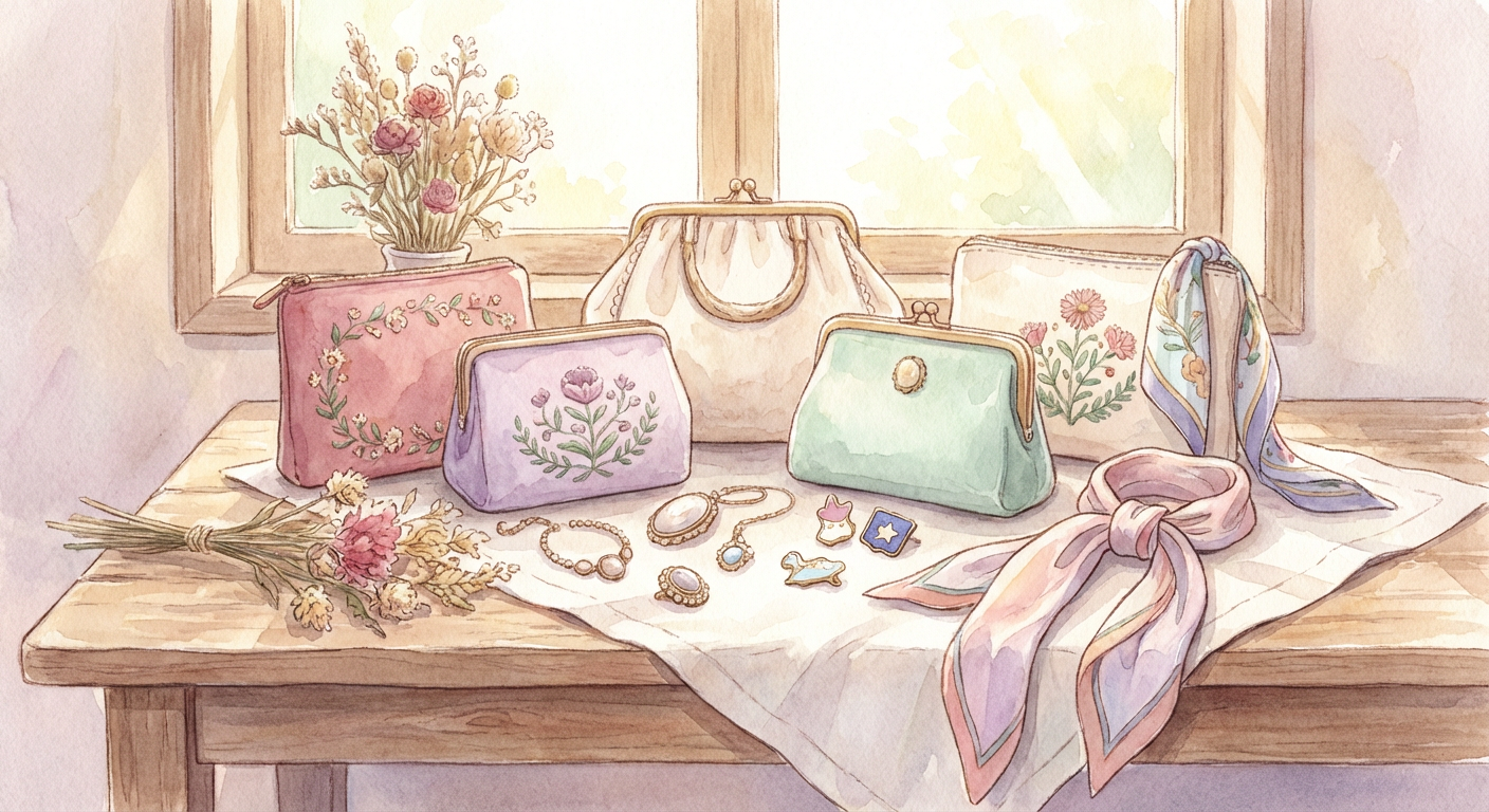 おしゃれなポーチやアクセサリーの並び