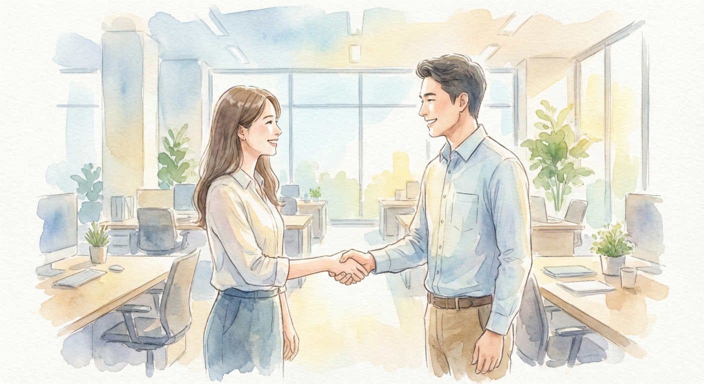 オフィスで同僚と握手するイメージ