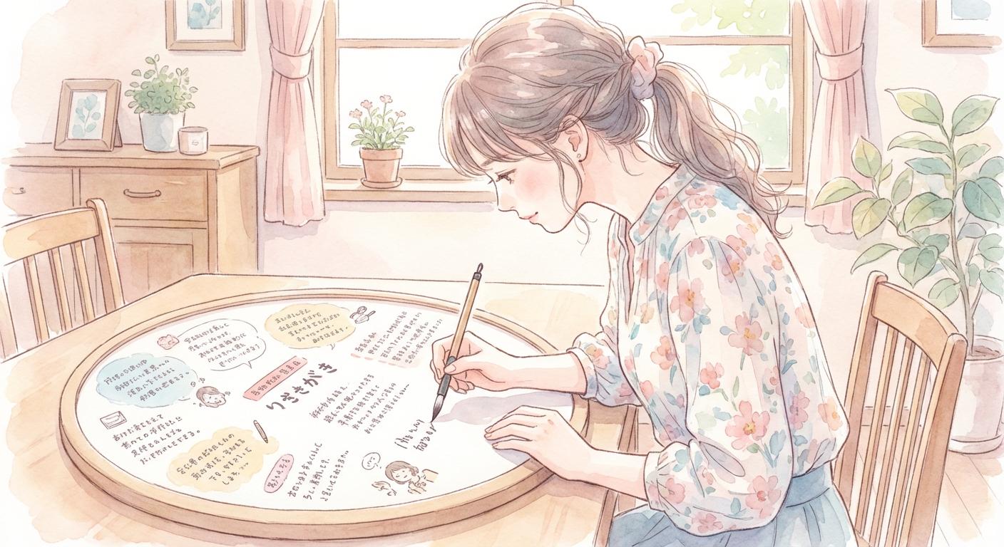 寄せ書きの色紙にメッセージを書いている女性のイラスト