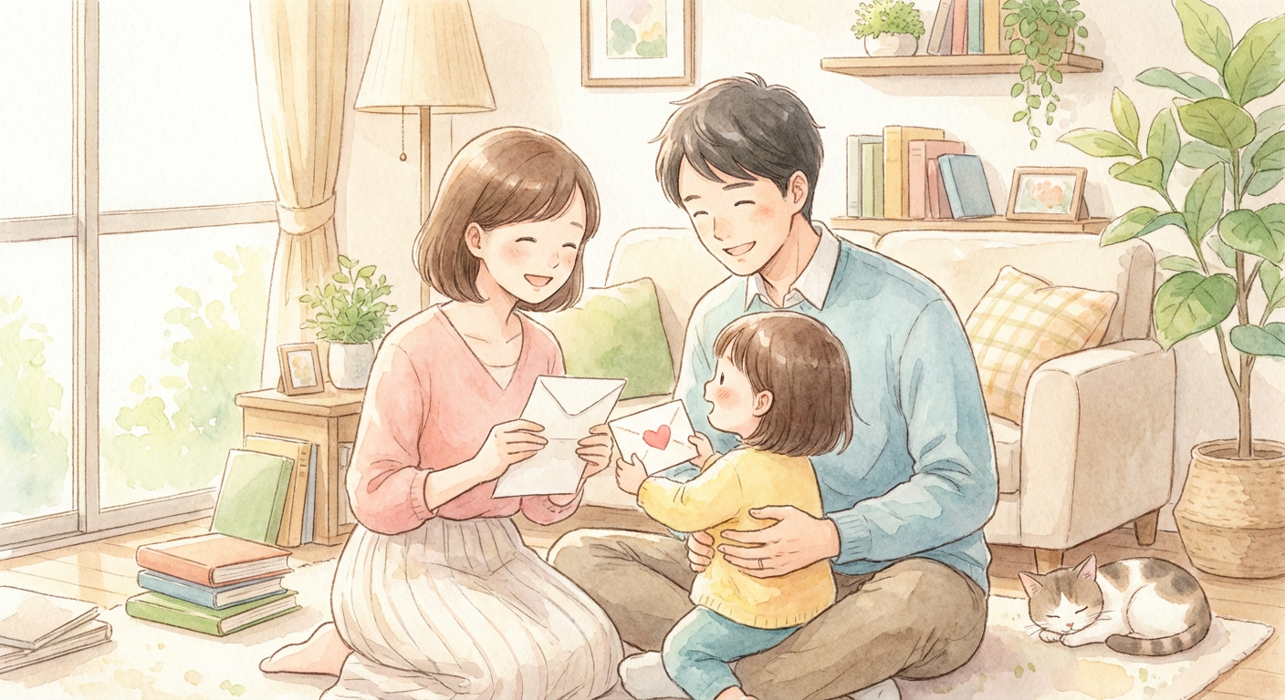 親が子どもに手紙やカードを渡している温かい雰囲気のイメージ