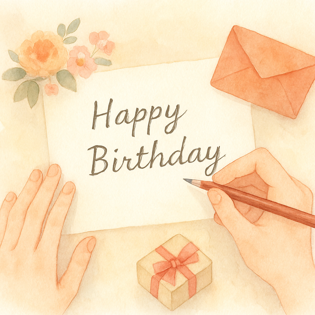 誕生日カードに書いている手元のイメージイラスト