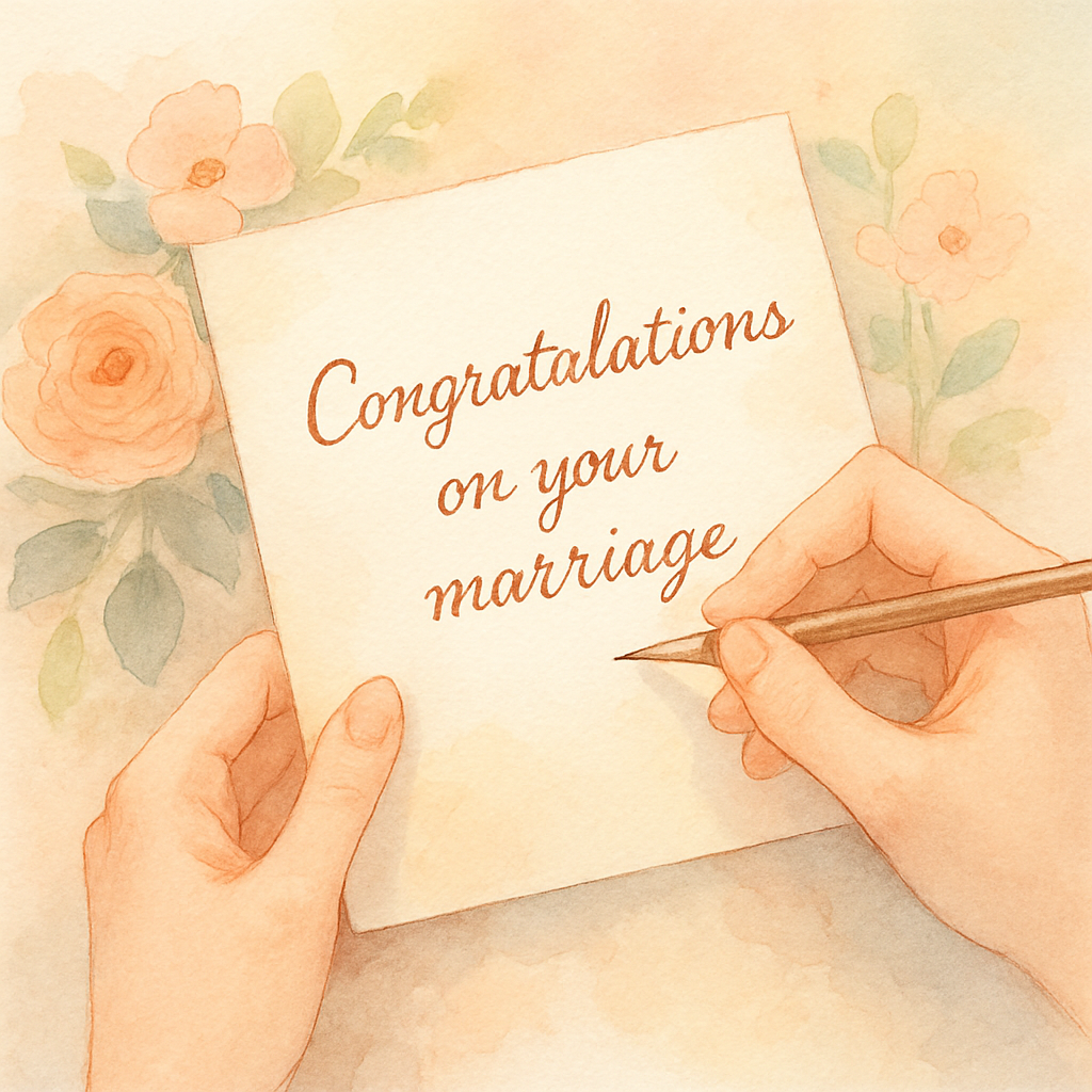 結婚祝いカードに英語メッセージを書いているイメージ