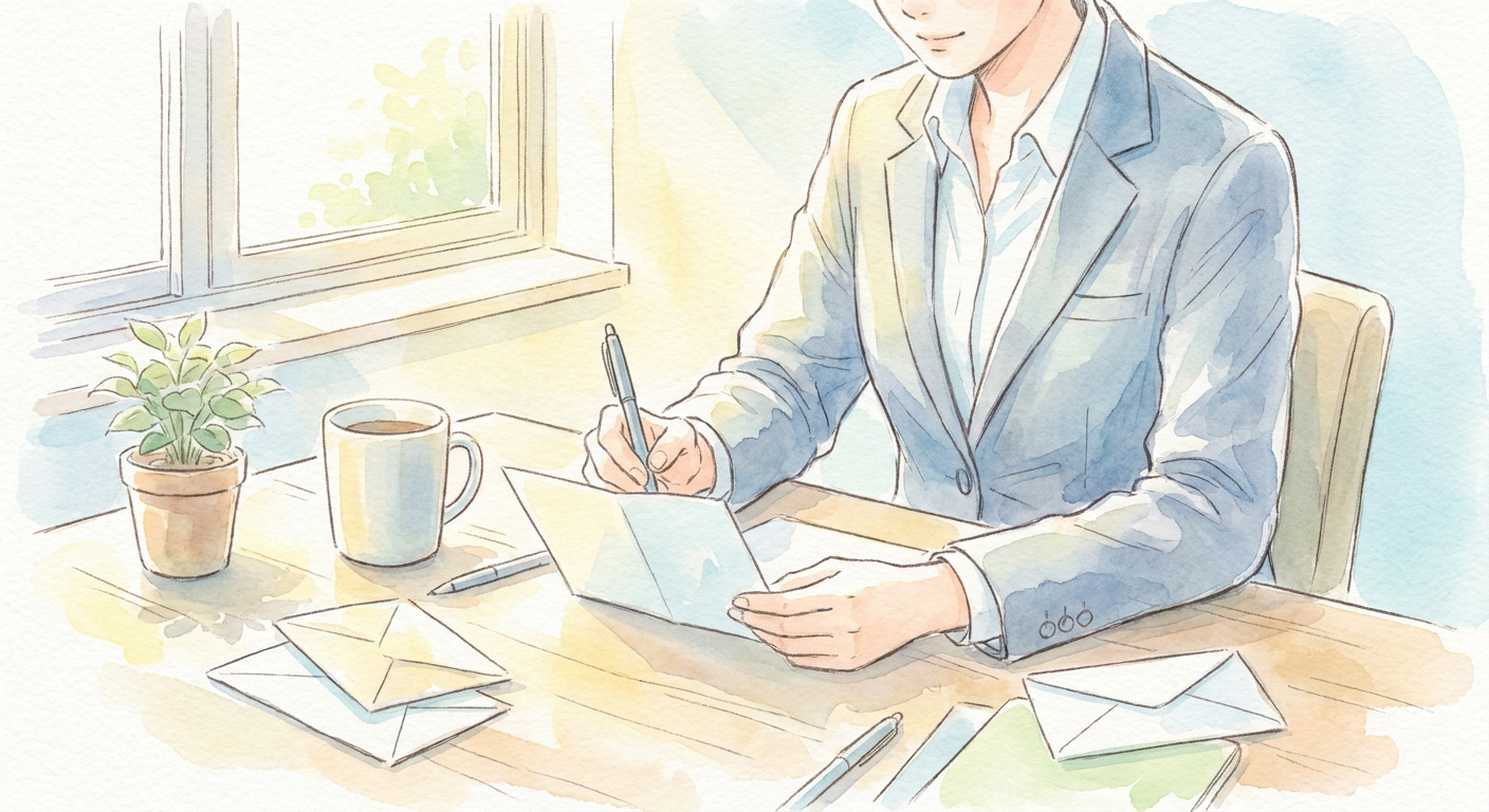 デスクで誕生日カードを書いているビジネスパーソンのイメージ