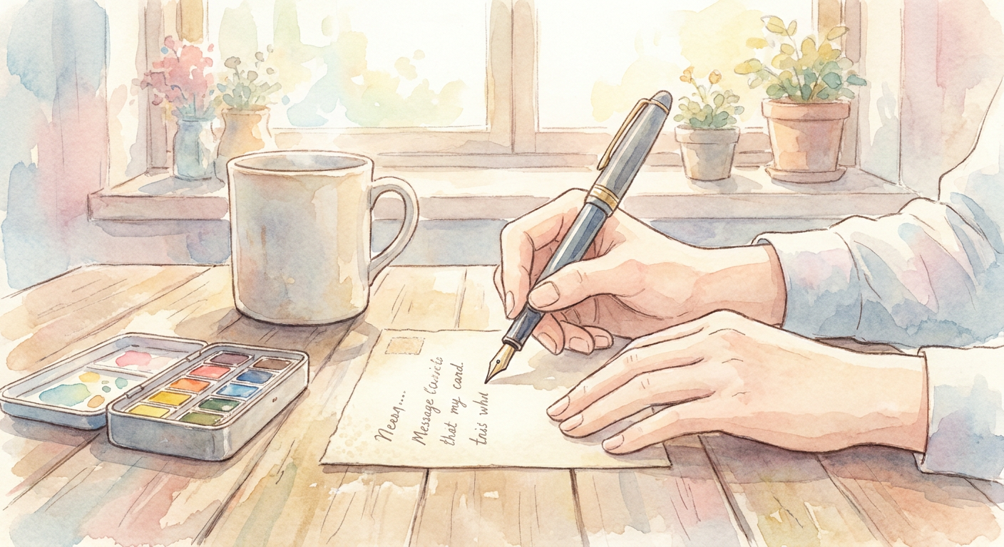 英語のメッセージカードを書いている手元のイメージ