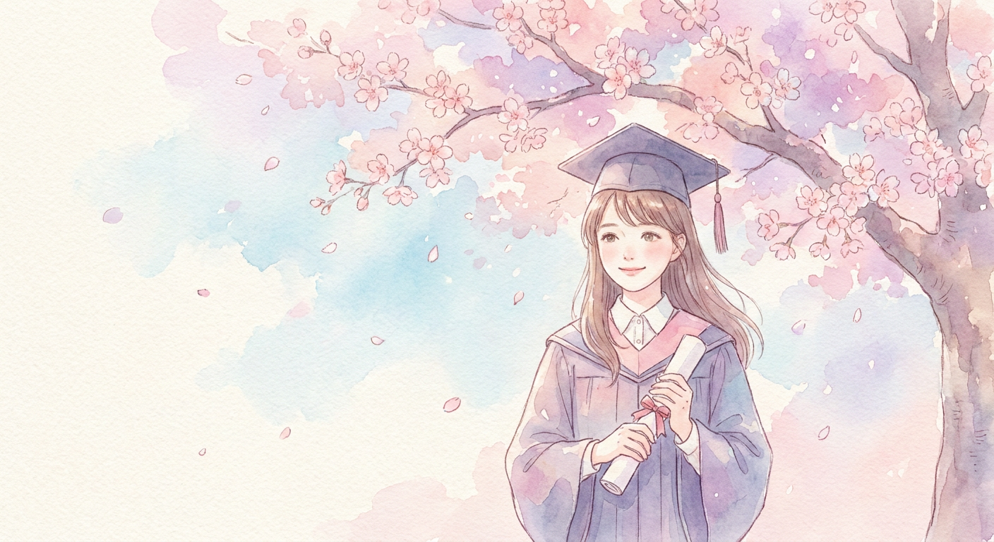 桜の木の下で卒業証書を持つ生徒のイメージ画像