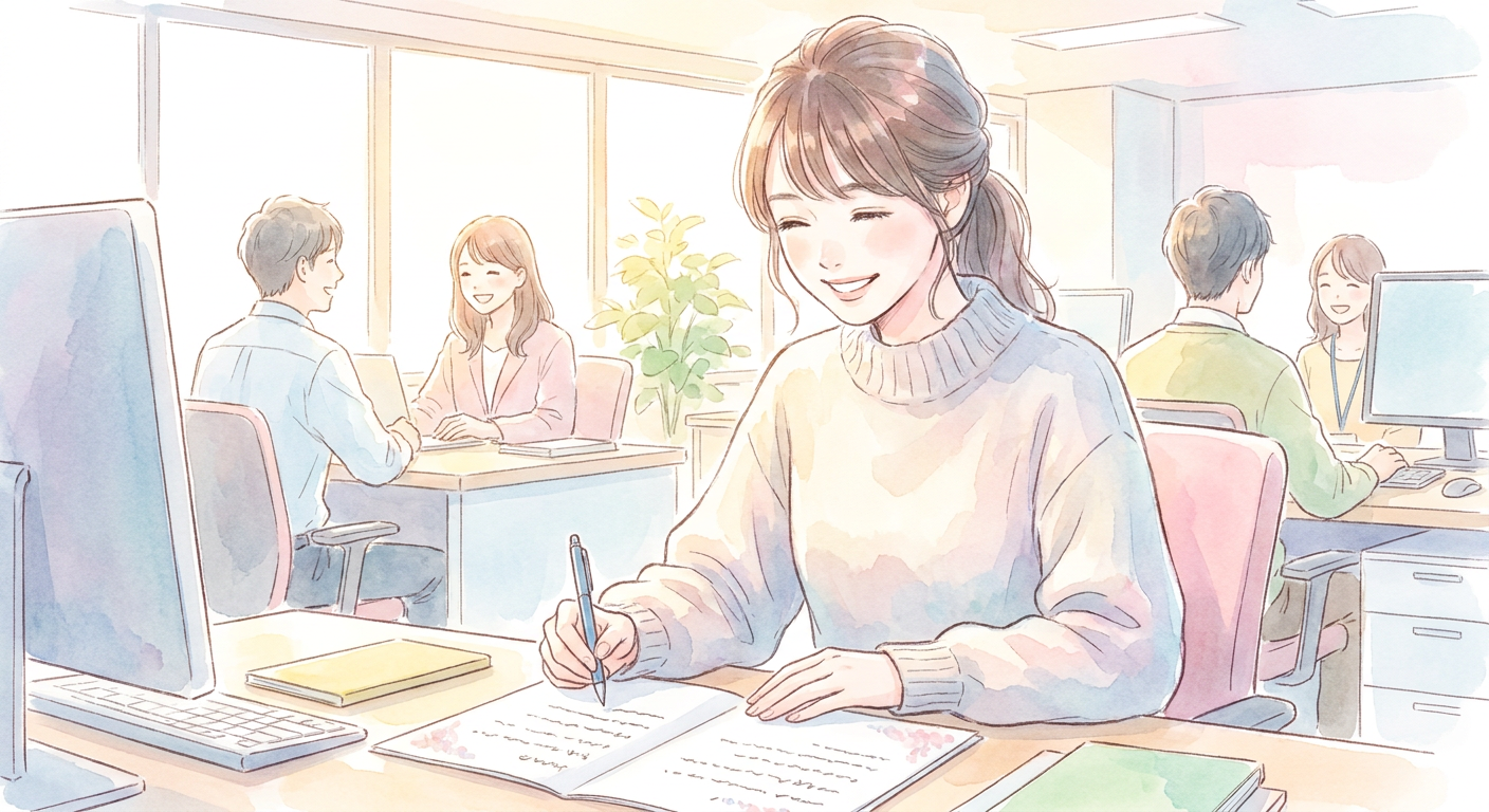 オフィスで寄せ書きカードを書く女性社員のイメージ
