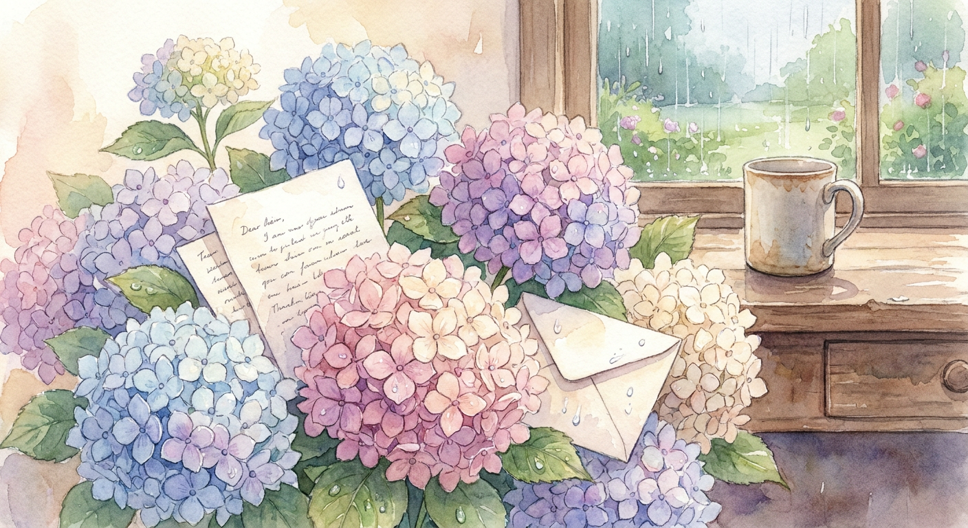 6月の紫陽花と手紙のイメージ