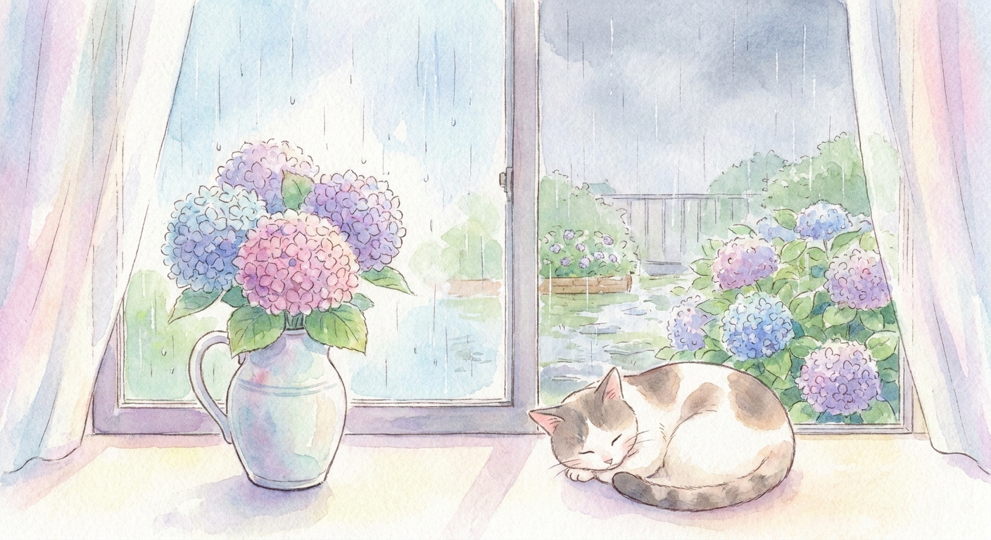 梅雨の窓辺とあじさいのイメージ