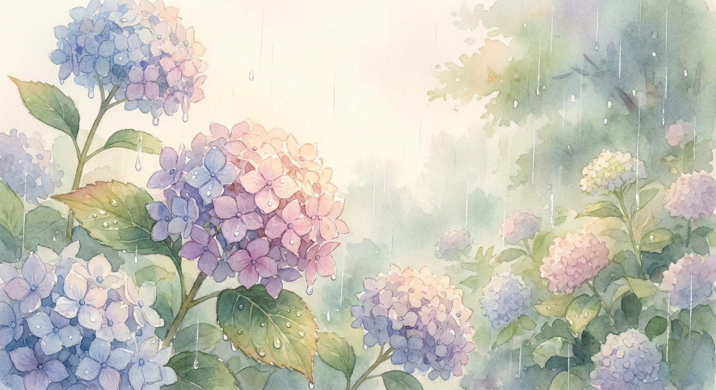 あじさいと雨のしずく、梅雨の季節感のあるやわらかいイメージ