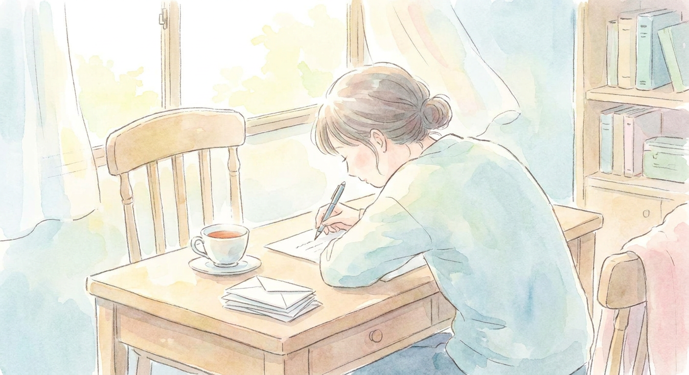 手紙やメールを書く人のイメージ（水彩イラスト風・パステル）