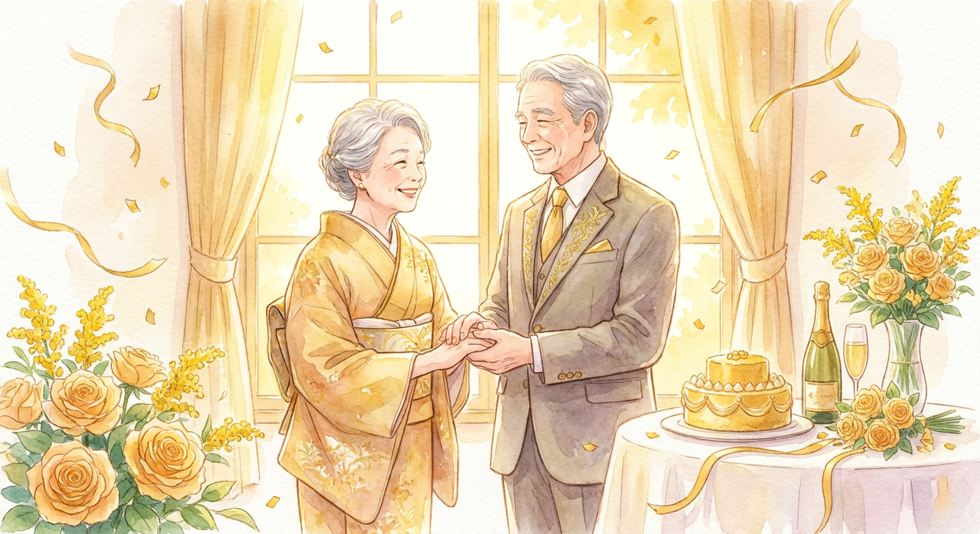 金色をテーマにした夫婦のお祝いイメージ（水彩イラスト風）