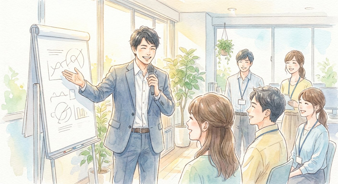 朝礼で発表している会社員のイメージ写真