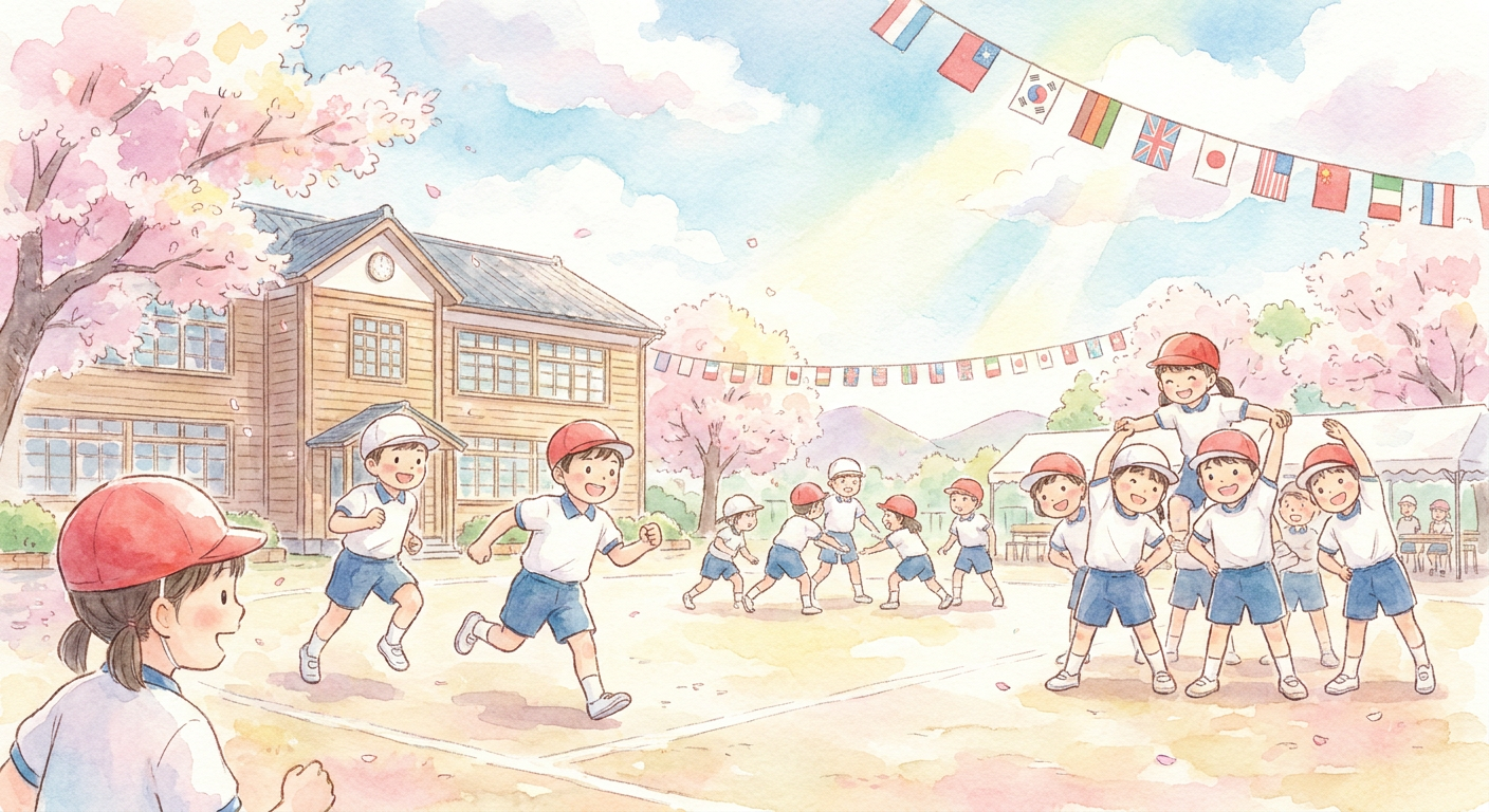 小学校の校庭で運動会練習をする子どものイメージ