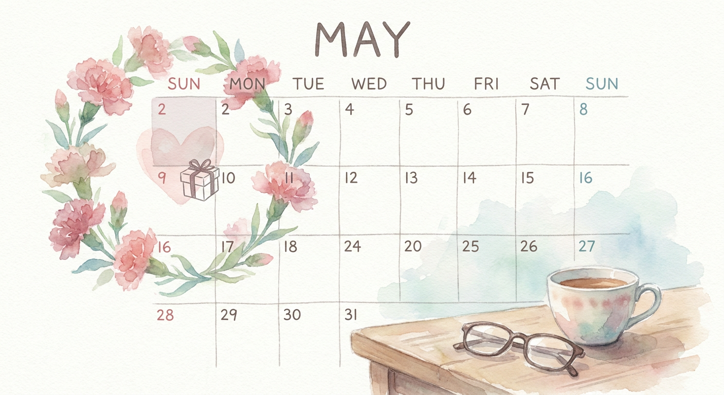 5月のカレンダーに「母の日」がマークされている水彩風イラスト