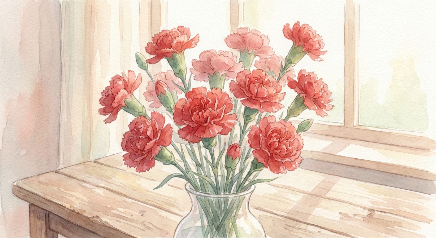 赤いカーネーションの花束（水彩イラスト風）