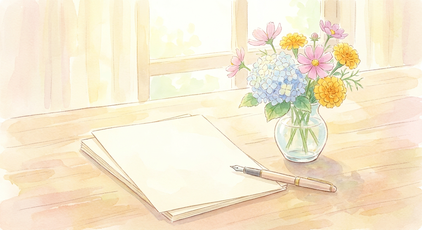 便箋とペン・夏の花が並んだお礼状を書く準備のイメージ