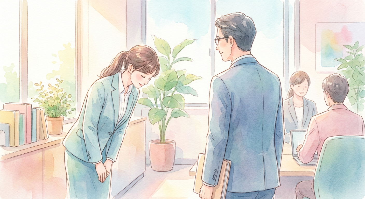 オフィスで上司に挨拶するビジネスパーソンのイラスト